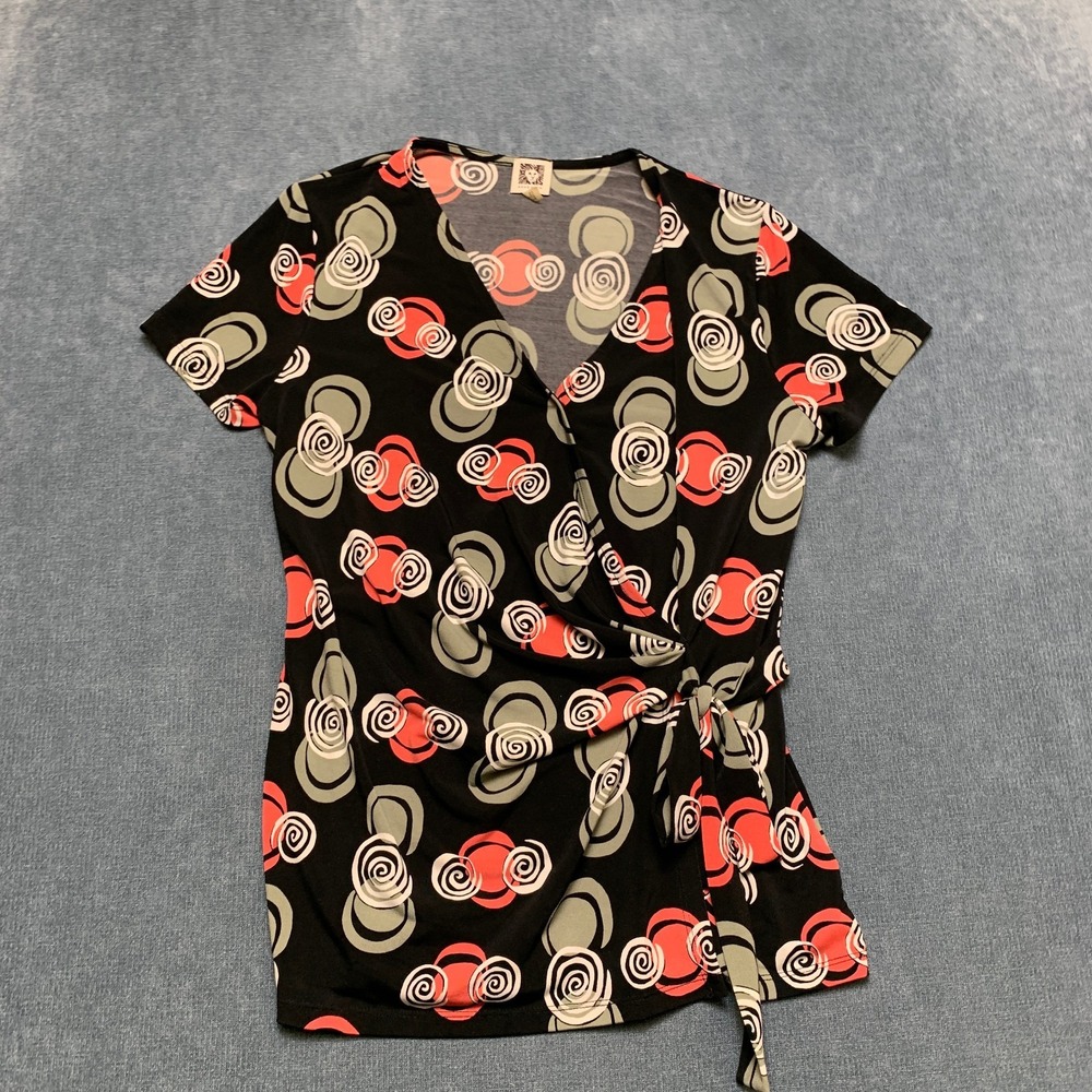 Anne Klein Wrap Top Womens Large Black Swirl Geometric Modern Chic Knotted Side